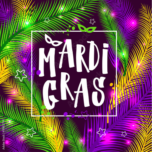 Mardi gras invitation card on palm background