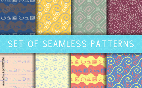 Geometric seamless patterns. Collection of colored backgrounds