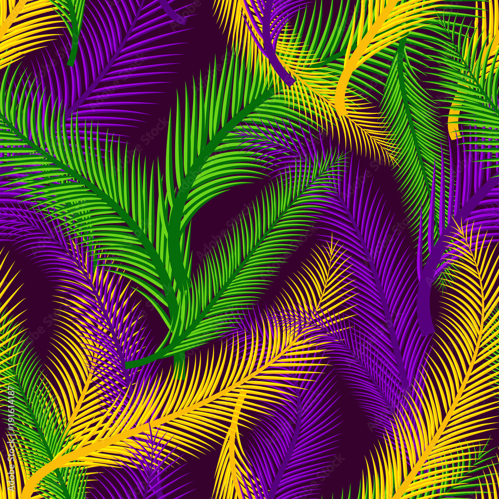 Nature seamless pattern of palms. Color of Mardi Gras.