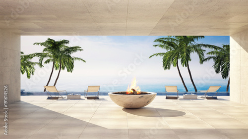 Burning fire on a luxury tropical deck