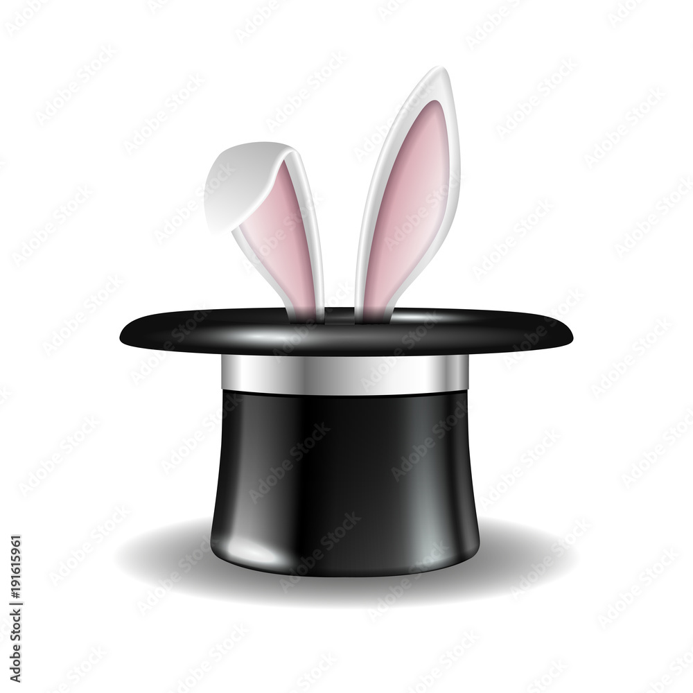 Obraz premium Z magicznego kapelusza wyłaniają się białe uszy królika