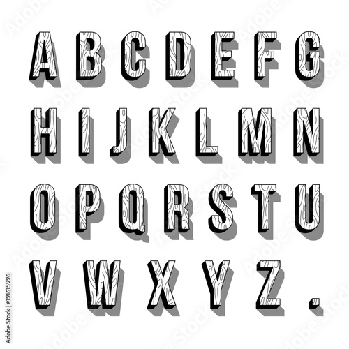 Wood font. 3d font with shadow. Vector illustration.