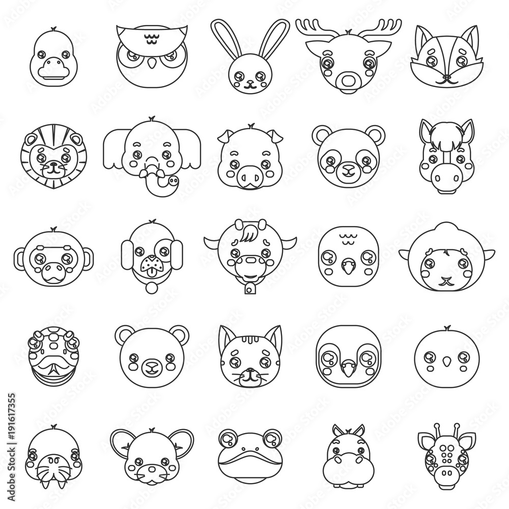 Lineart Isolated animals cute baby cartoon cubs flat design head icons set character vector illustration Lineart Isolated animals cute baby cartoon cubs flat design head icons set character vector illustration
