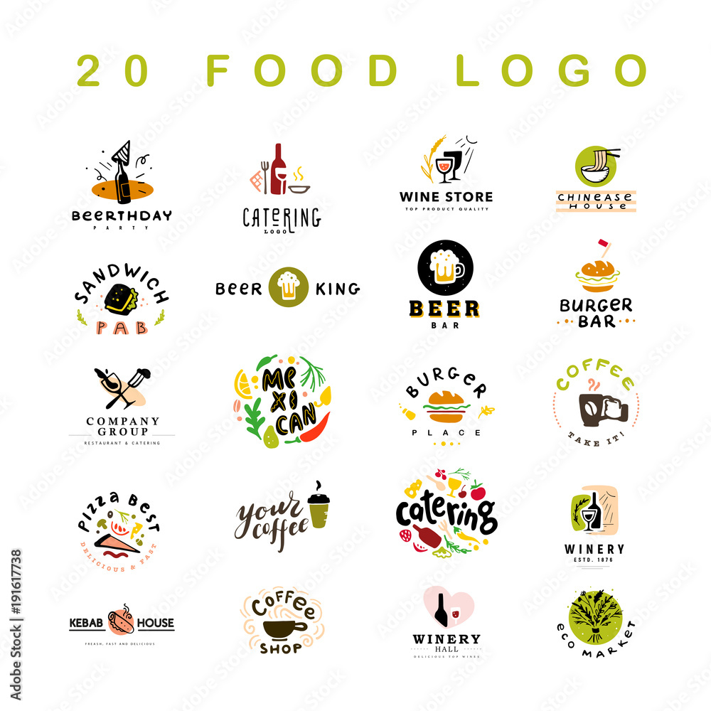 Collection of 20 vector flat meal, fast food, coffee and alcohol logo and icons set isolated on white background. Hand drawn dish elements. Good for restaurant, cafe, catering, bars insignia banners.