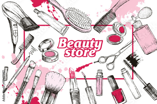 Beauty store with make up artist and hairdressing objects
