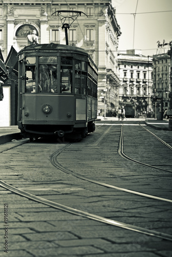 Old tram in the center of Milan, Italy