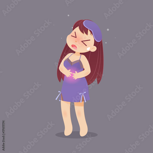 Cartoon woman in nightwear wake up for go to restroom, Asian women have a stomach ache, Concept with health problem, Vector illustration