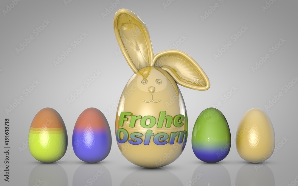 3d rendering. golden easter rabbit with colorful easter eggs. German words Frohe Ostern 3d rendering. golden easter rabbit with colorful easter eggs. German words Frohe Ostern