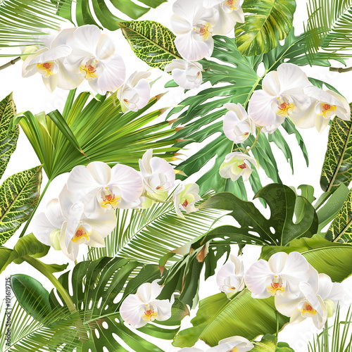Tropical leaves and orchid flowers seamless pattern