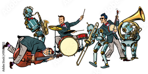 futuristic jazz orchestra of humans and robots, isolated on whit