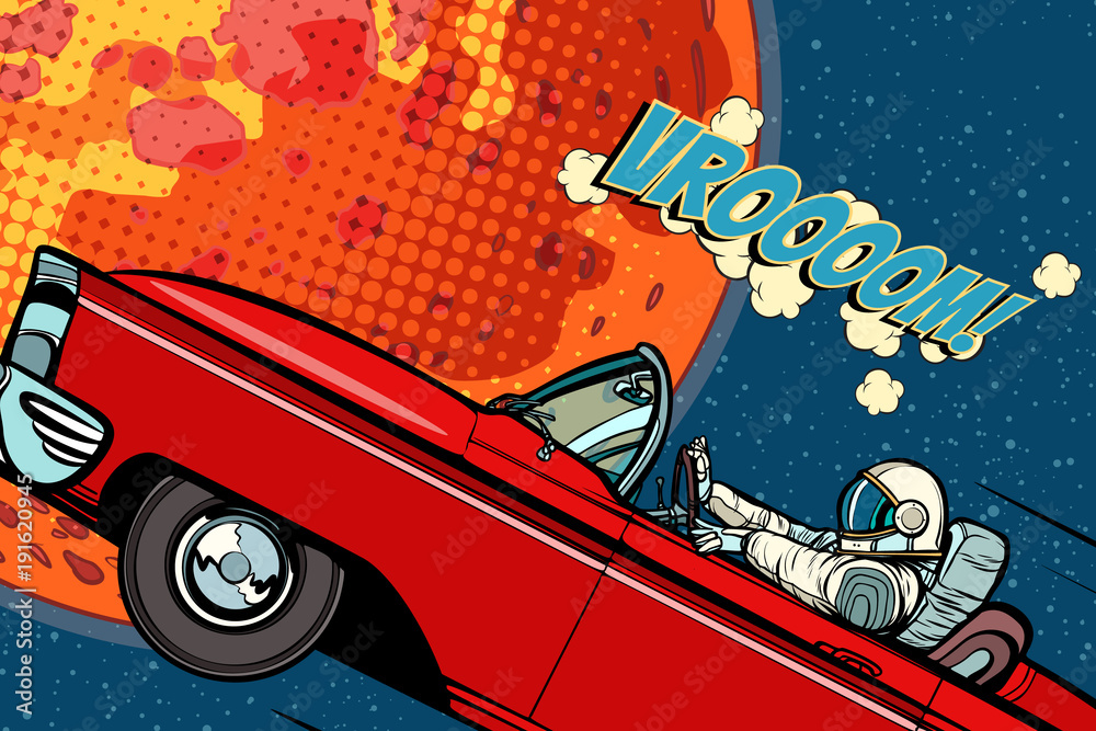 Naklejka premium Astronaut in a car over the planet Mars