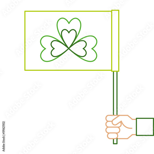 hand holding green flag with clover symbol vector illustration line color design © Gstudio