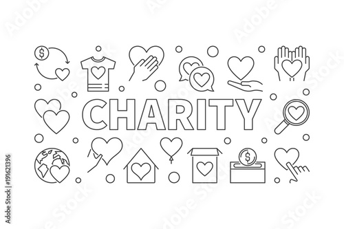 Charity horizontal illustration - vector outline banner