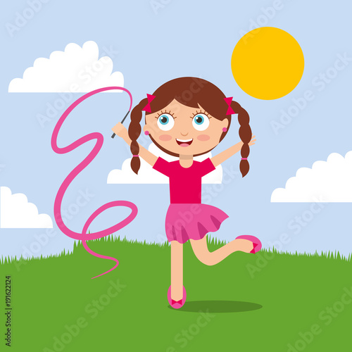 cute little girl playing jump with ribbon in the park vector illustration