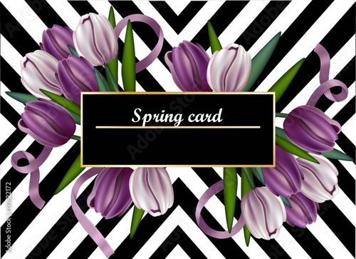 Tulip flowers card Vector realistic. Abstract modern background, stripes blac...