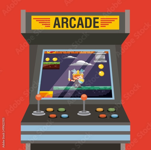 arcade video game machine with level knight medieval on screen vector illustration