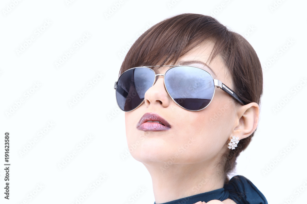 portrait of young woman in dark glasses. portrait of young woman in dark glasses.