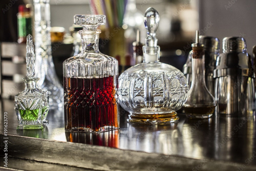 Beautiful bottles on the bar Beautiful bottles on the bar