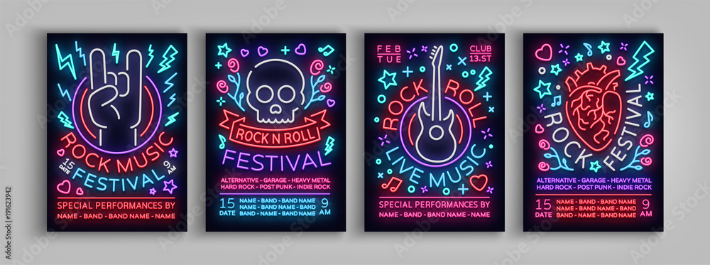 Zestaw festiwal rockowy plakatów w stylu neonu. Kolekcja neonu, zaproszenie do broszury koncertowej o muzyce roknrolowej, transparentu, ulotki na festiwale, imprezy i koncerty. Ilustracji wektorowych