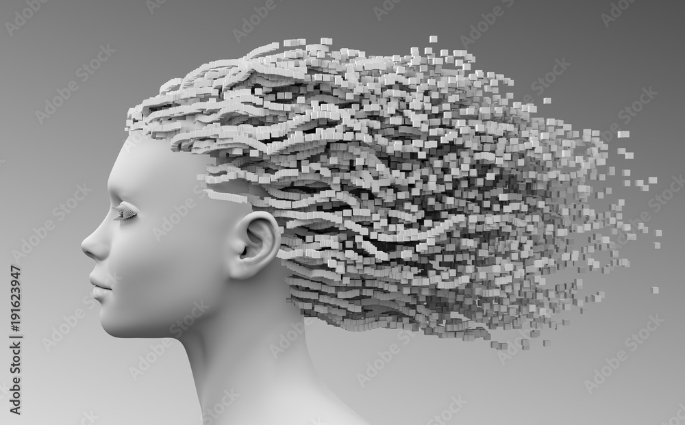 Head Of Beautiful Young Woman And 3D Pixels As Hair Head Of Beautiful Young Woman And 3D Pixels As Hair