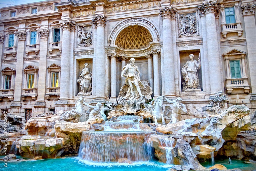 Fontana di Trevi with turquoise water, Rome, Italy