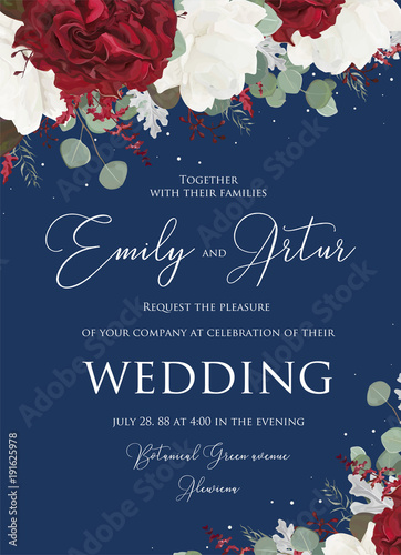 Wedding floral invite, invitation save the date card design with red and white garden rose flowers, seeded eucalyptus branches, leaves, amaranthus bouquet on navy blue background. Vector cute template
