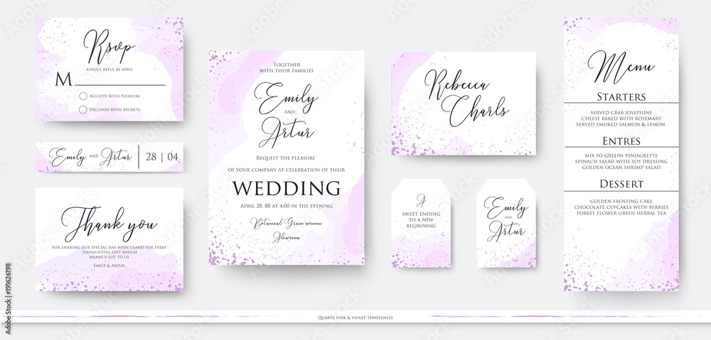 Wedding invite thank you, rsvp menu card design set with abstract watercolor decoration in light tender dusty pink, rosy and violet color on white background. Vector trendy modern romantic art layout