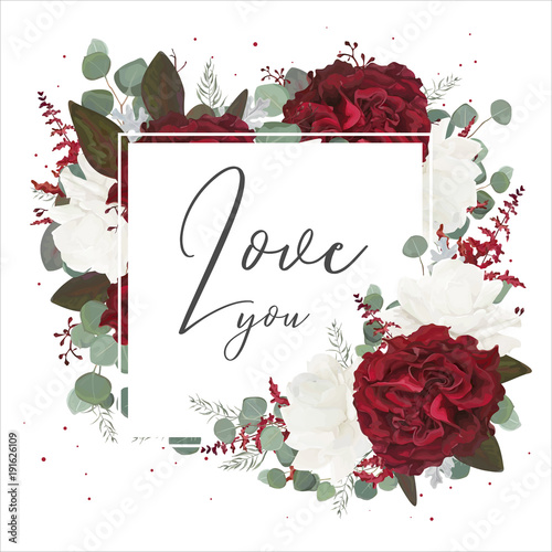 Vector floral greeting card design with red and white garden rose flowers, se...