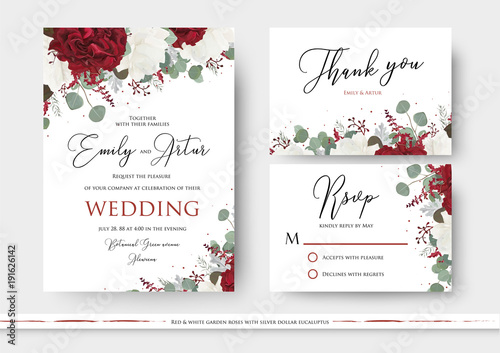 Wedding floral invite, save the date, thank you, rsvp card design with red and white garden rose flowers, seeded eucalyptus branches, green leaves, amaranthus delicate decor. Vector art templates set