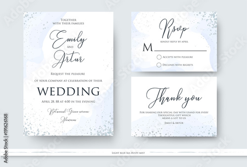 Wedding invite, thank you, rsvp card design set with abstract watercolor style decoration in light tender dusty blue color on white background. Vector trendy modern romantic art layout, template