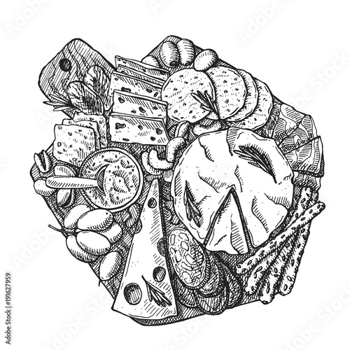 Hand drawn vector sketch of cheese, meat, grapes, nuts, salami and chips on a wooden board