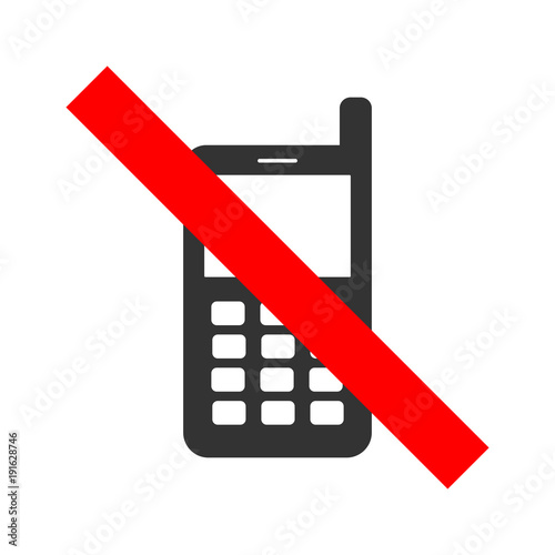 NO CELL PHONEs allowed crossed out sign. Mobile phone silhouette with buttons and antenna. Vector icon.