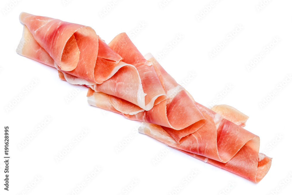 Italian prosciutto crudo or spanish jamon. Raw ham on white background.