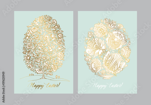 Gold easter egg with folk decorative pattern.