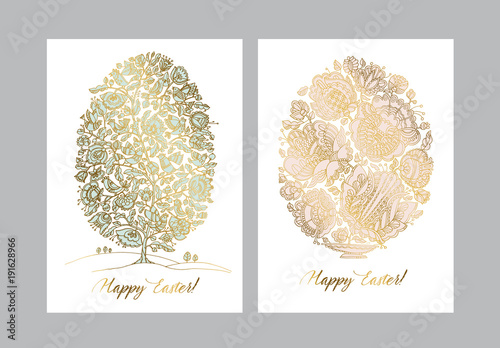 Gold easter egg with folk decorative pattern.