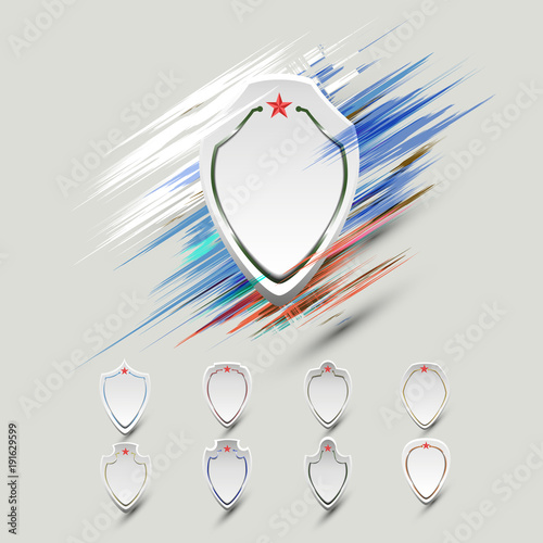 A banner in the shape of a shield with an abstract background (Maso), in the colours of the Russian flag - vector eps10