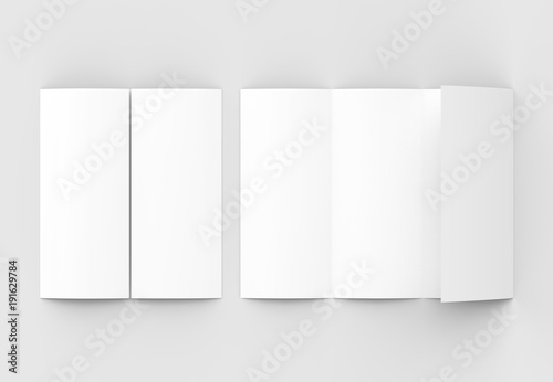 Four folded - 4-Fold - vertical brochure mock-up isolated on soft gray background. 3D illustrating.