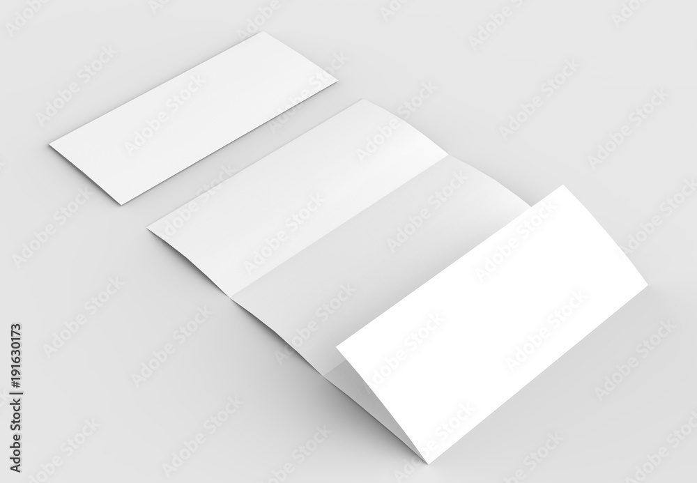 Four folded - 4-Fold - vertical brochure mock-up isolated on soft gray background. 3D illustrating. Four folded - 4-Fold - vertical brochure mock-up isolated on soft gray background. 3D illustrating.