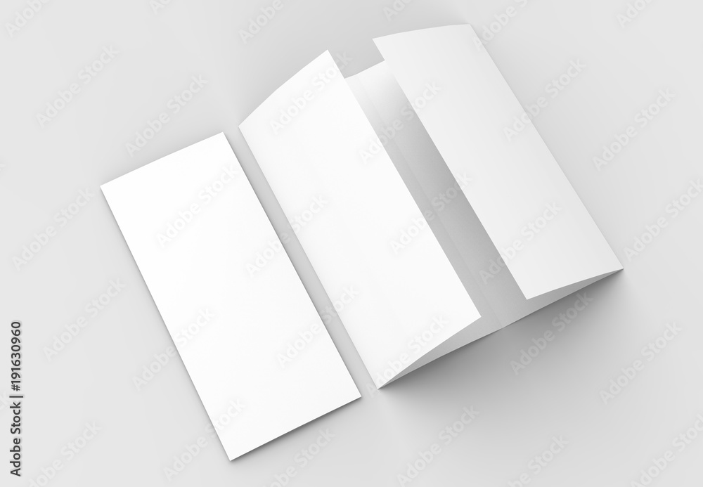 Four folded - 4-Fold - vertical brochure mock-up isolated on soft gray background. 3D illustrating. Four folded - 4-Fold - vertical brochure mock-up isolated on soft gray background. 3D illustrating.