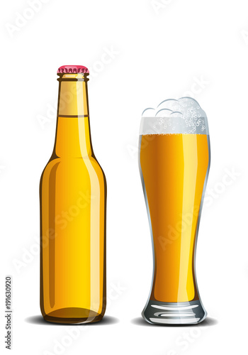 Realistic set of beer mock up, high glass goblet and bottle