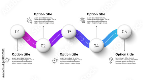 Business process chart infographics with 5 step segments. Circular corporate timeline infograph elements. Company presentation slide template. Modern vector info graphic layout design.