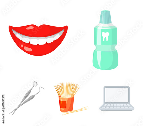 Dental sterile liquid in the jar, lips, teeth, toothpicks in the jar, medical instruments for the dentist. Dental care set collection icons in cartoon style vector symbol stock illustration web.