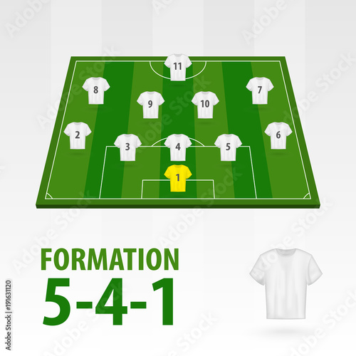Football players lineups, formation 5-4-1. Soccer half stadium.
