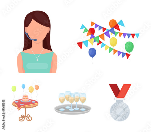 Garland with flags and balls, leading celebration with a microphone, a tray with glasses with champagne, a table covered with a tablecloth with plates, cake and balls. Event services set collection