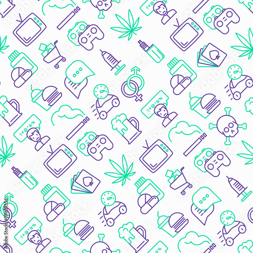 Bad habits seamless pattern with thin line icons: abuse, alcoholism, cigarette, marijuana, drugs, fast food, poker, promiscuity, tv, video games. Modern vector iilustration.