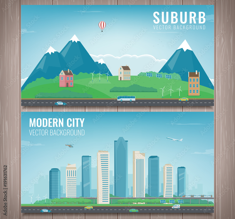 City landscape and suburban landscape. Building architecture, cityscape town. Modern city and suburb. Vector