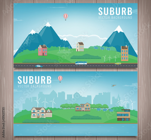 Suburban landscape. Cityscape template with suburban houses. Building architecture, cityscape town. Vector