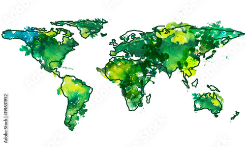 2d hand drawn illustration of world map. Green yellow splash watercolor isolated earth planet. Sketch and doodle drawing continents. Conceptual image of global ecology on continents. White background.
