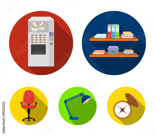 Shelves, folders and notebooks with business records, a coffee machine with cups, an armchair with a backrest on wheels, a desk lamp. Office Furniture set collection icons in flat style vector symbol