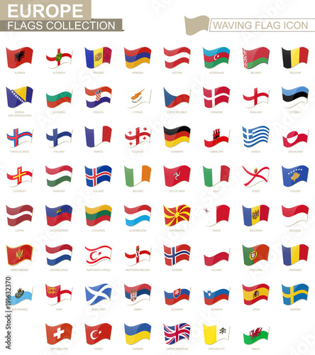 Waving flag icon, flags of Europe countries sorted alphabetically.